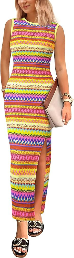 PRETTYGARDEN Womens Summer Sleeveless Tank Dress Crew Neck Striped Side Slit Bodycon Casual Maxi ... | Amazon (US)