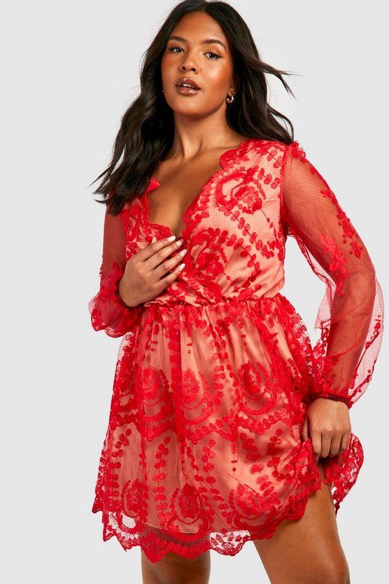 Plus Lace Plunge Skater Dress | Boohoo.com (US & CA)