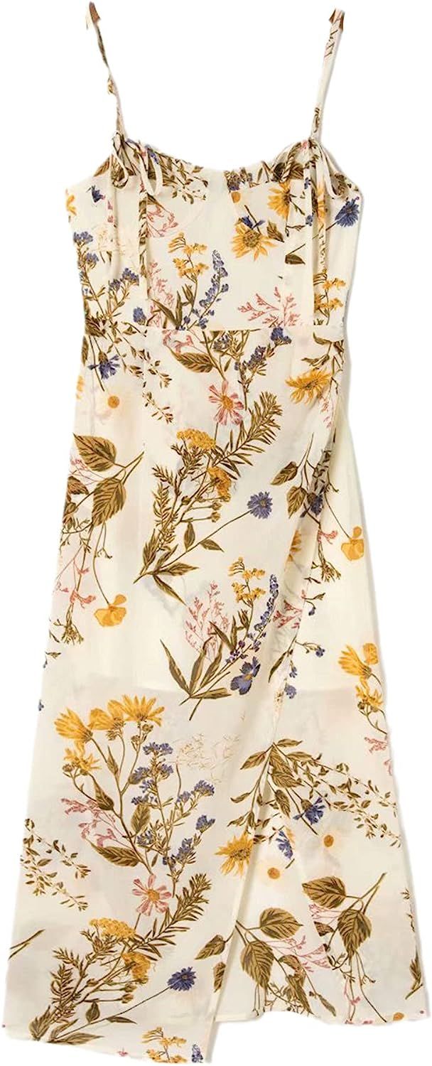 Sexy Side Split Vintage Tube Top Midi Dress Chic Yellow Floral Print Adjust Spaghetti Strap Dress | Amazon (US)