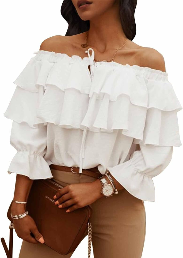 Byinns Women's Off Shoulder Ruffle Long Sleeve Blouses Casual Layered Tops | Amazon (US)