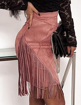 Kinghua Women's Suede Fringe Skirt High Waisted Bodycon Pencil Mini Skirt | Amazon (US)
