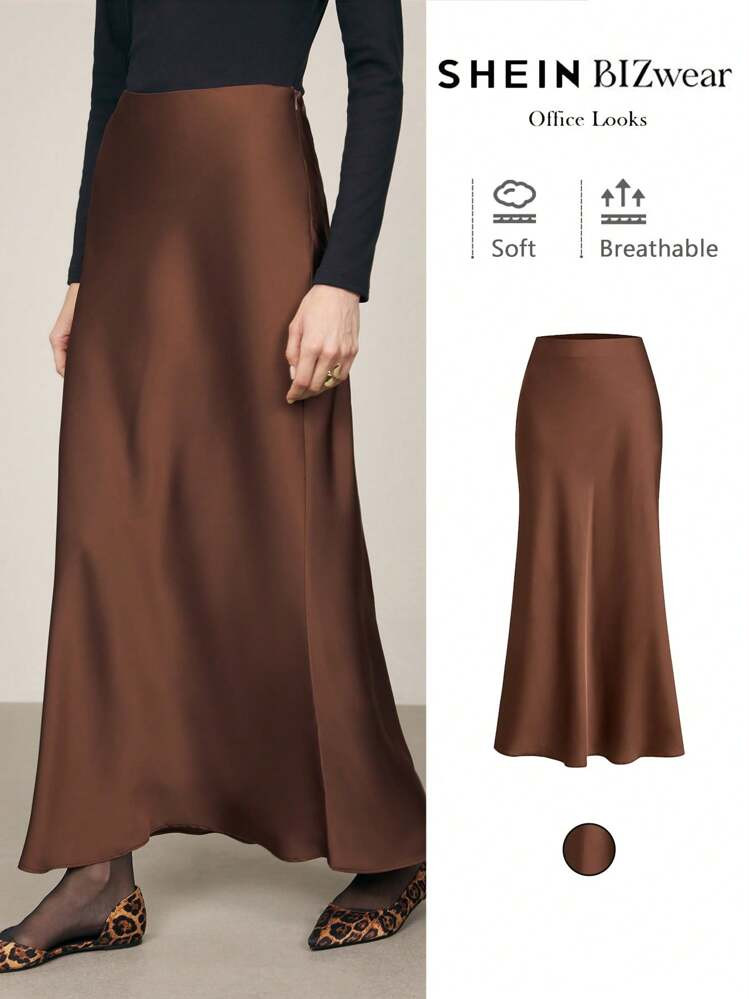 BizChic Women's Solid Color Satin Long Mermaid Skirt, Elegant Office Formal Wear For Urban Commute, Business, Casual | SHEIN