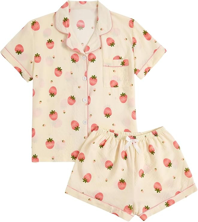 Verdusa Women's 2 Piece Pajama Set Matching Pjs Sets Cute Printed Sleepwear Button Up Shirt with ... | Amazon (US)