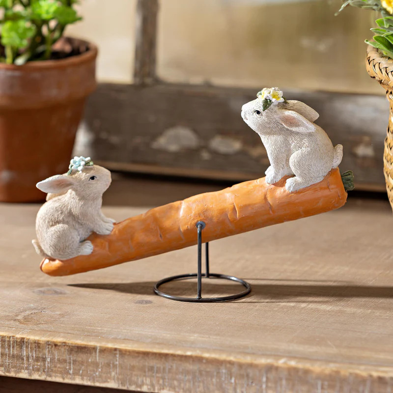 Bunny Blooms Table Decor Resin Bunnies on Carrot Seesaw, 8"L | Plow & Hearth