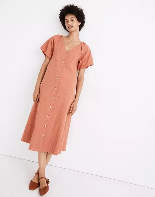Embroidered Eyelet Bubble-Sleeve Button-Front Midi Dress | Madewell