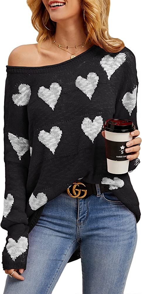 Tutorutor Womens Cute Love Heart Print Sweaters Oversized Off The Shoulder Loose Knitted Valentin... | Amazon (US)