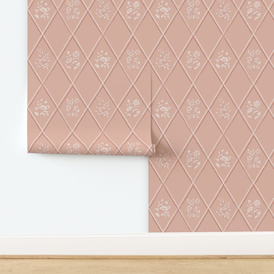 Wallpaper in Botanica - Vintage Style Flower Harlequin Diamond Trellis - Pale dogwood | Spoonflower