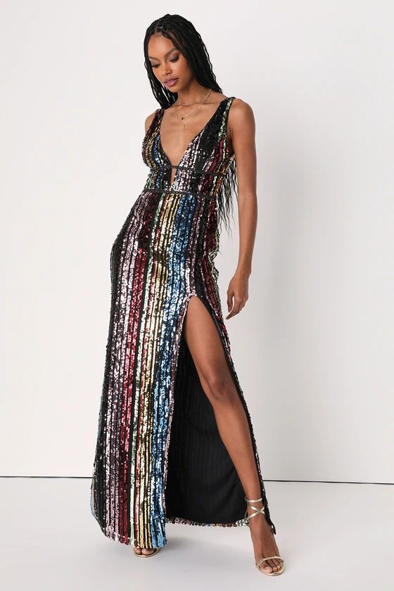 Go All Night Black Multicolored Striped Sequin Maxi Dress | Lulus (US)