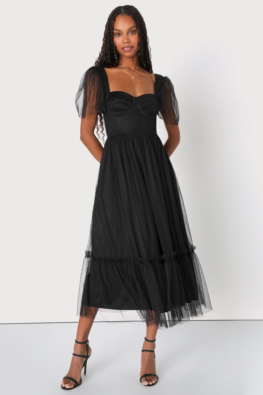 Dreamy Celebration Black Tulle Bustier Swiss Dot Midi Dress | Lulus (US)