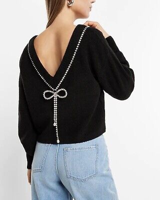 Express Rhinestone Bow Embellished Convertible Sweater Black XS | eBay US