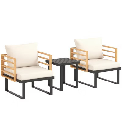Outsunny 3 Pieces Outdoor Bistro Set, Metal Patio Furniture with Cushions, Armchairs and Slatted Table, Small Patio Set for Balcony, Porch, Beige | Target