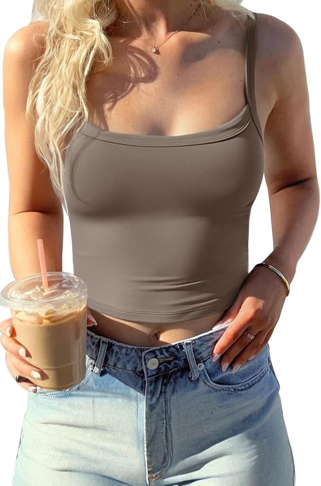 CHYRII Womens Tank Tops with Built in Bra Fashion Workout Top Longline Sports Bra Basic Camisole ... | Amazon (US)