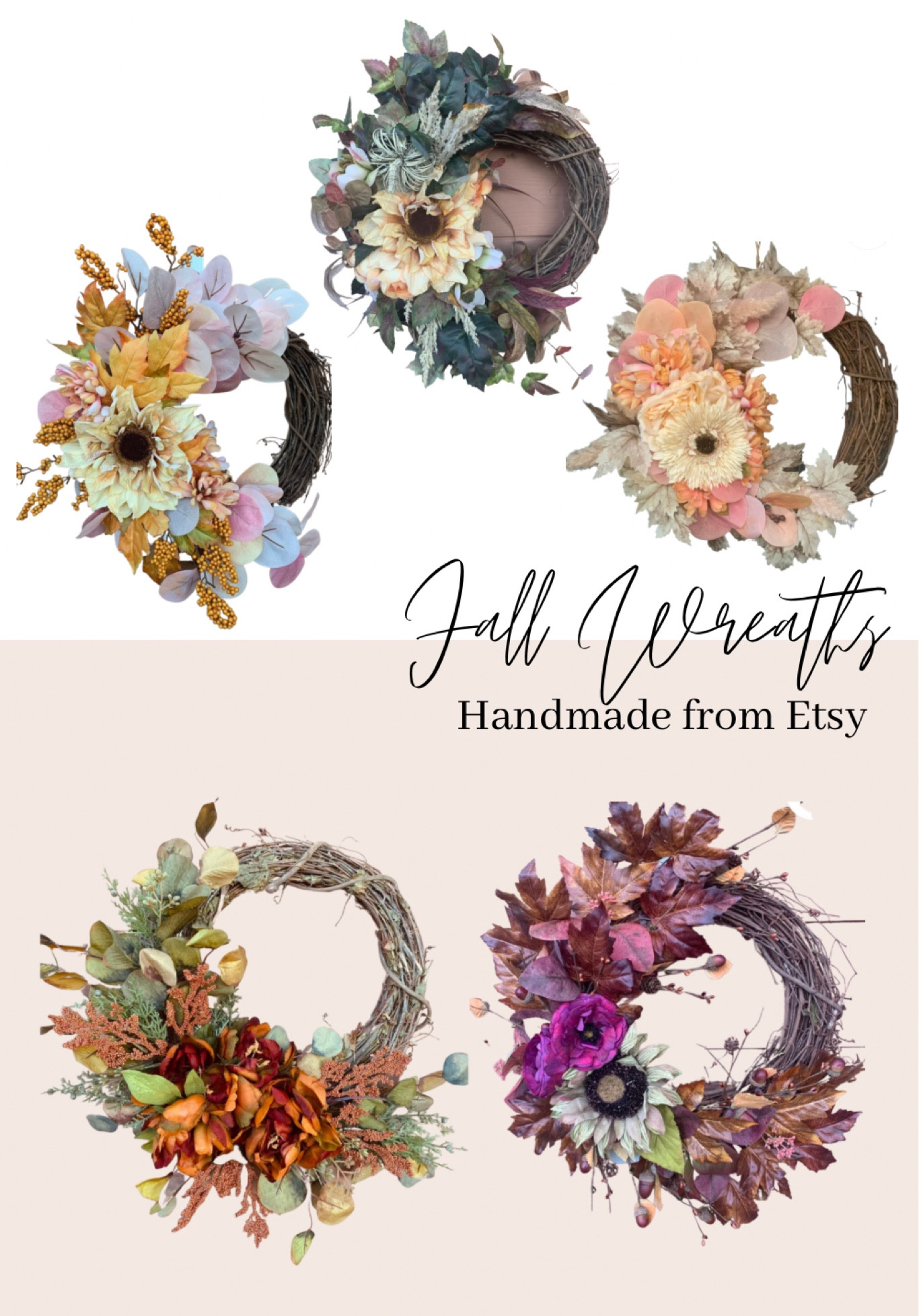 Fall wreaths on Etsy! These would make a great gift idea! My sister makes these & they are amazing quality & so beautiful! She is currently designing Christmas wreaths as well, so check back often! 

Etsy finds. Christmas Gift ideas. Fall home decor. Front porch decor. Entry way decor. Fall decorations. Floral wreaths. Boho door decor. Handmade wreaths. Home decor. 

#LTKSeasonal #LTKHoliday #LTKhome