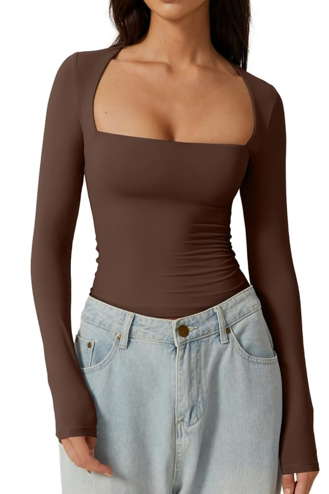 QINSEN Women's Sexy Square Neck Shirt Long Sleeve Double Lined Tees Fitted Going Out Tops | Amazon (US)