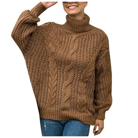 Women s Turtleneck Long Sleeve Casual Loose Chunky Cable Knit Pullover Sweater Winter Outerwear Soli | Walmart (US)