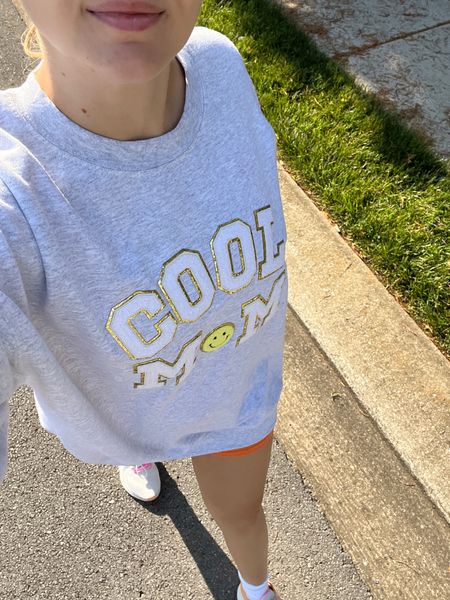 Cool Mom letter patch sweatshirt and new balance pink and orange shoes 

#LTKunder100 #LTKbump