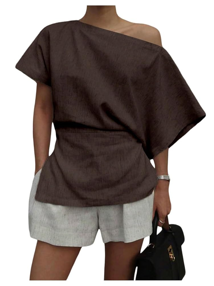 MakeMeChic Women's Summer Asymmetrical Tops Dolman Sleeve Blouse One Shoulder Split Hem Dressy Sh... | Amazon (US)