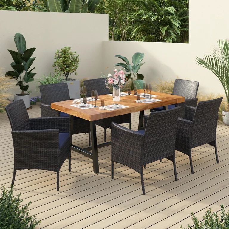 Sophia & William 7 Pieces Outdoor Patio Dining Set, Wicker Dining Chairs and Acacia Wood Table - ... | Walmart (US)