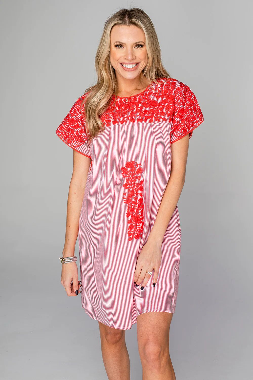 Alessandra Short Sleeved Embroidered Mini Dress - Red | BuddyLove