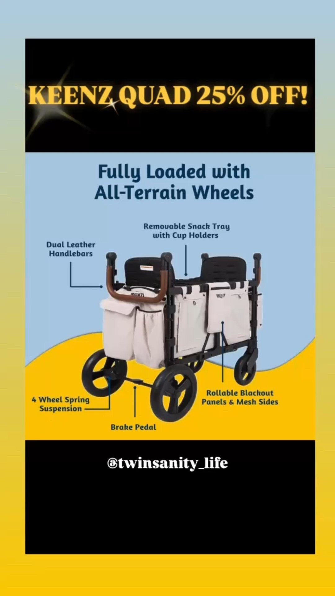 This best selling Keenz XC luxury 4 seater quad all terrain stroller wagon is an unbelievable DEAL right now! SAVE 25% and over $200 if you buy now. Colors are gray or white. Most of the moms I know prefer the Keenz over the competition because it’s lighter and overall just a great stroller wagon that safely fits up to four kids including infants and toddlers! Get it!! 

Twins. Kids. Baby Registry. Travel. Vacation. Style. Fashion. Toddler. Mom. Dad. Sale. Discount. Amazon Finds. Deal Alert. Stroller. Wagon. Beach. Theme Park. Traveling. Pregnant. Triplets. Quad. Active. Athletic. Quality. Organization. Disney. Adventure. Best  
