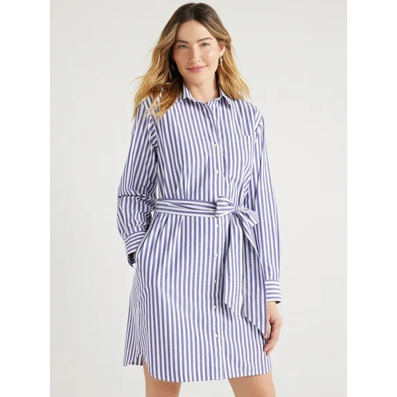 Free Assembly Women’s Cotton Belted Shirtdress with Long Sleeves, Sizes XS-XXL | Walmart (US)
