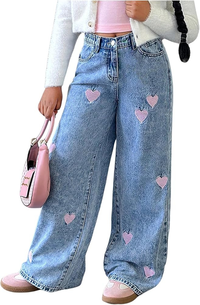 WDIRARA Girl's Heart Embroidered Y2k Denim Pants Elastic High Waist Wide Leg Jeans with Pockets | Amazon (US)