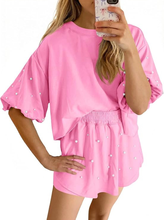 Fisoew Womens Summer Lounge Shorts Sets 2 Piece Outfits Decor Pearl Short Puff Sleeve Sweatshirt ... | Amazon (US)
