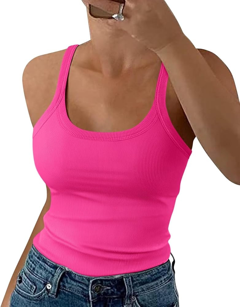 EADINVE Women's Scoop Neck Spaghetti Strap Tank Top Ribbed Sleeveless Slim Fit Camisole Summer Ca... | Amazon (US)