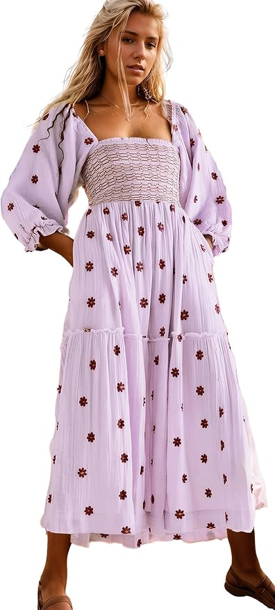 R.Vivimos Women's Long Sleeve Cotton Boho Midi Dress Vintage Square Neck Floral Embroidered Tiere... | Amazon (US)