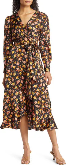 TAHARI ASL Floral Print Ruffle Long Sleeve Satin Midi Dress | Nordstrom | Nordstrom Canada