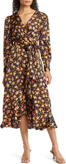 TAHARI ASL Floral Print Ruffle Long Sleeve Satin Midi Dress | Nordstrom | Nordstrom Canada