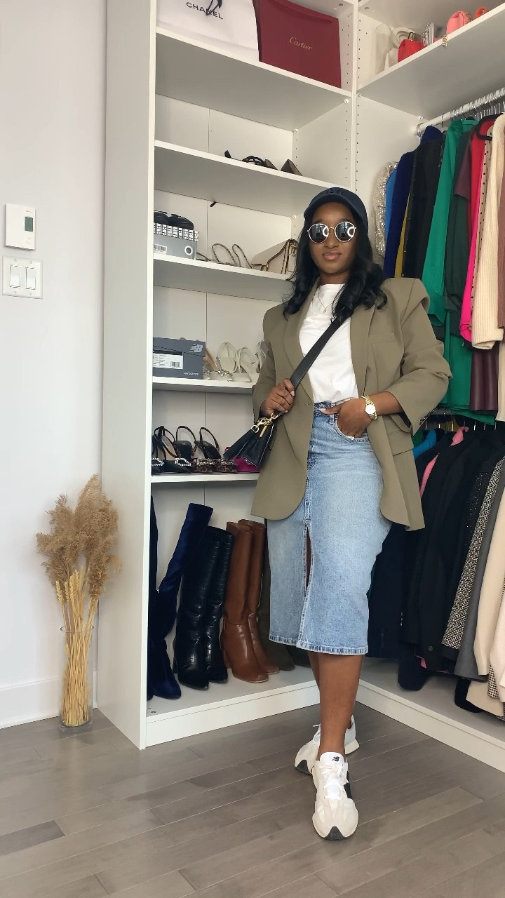 Weekend fit
Casual wear 
Blazer
Jeans skirt
White t-shirt
Striped sweater 
Grey wool bland coat
New balance shoes 
Coach purse

#LTKstyletip #LTKfit #LTKunder100