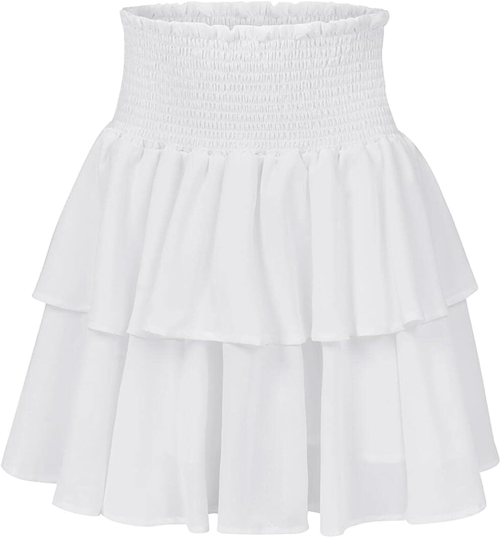 Bigary Women's High Waist Layered Ruffle Hem Flared Mini Skirt Solid Smocked A Line Flowy Beach S... | Amazon (US)