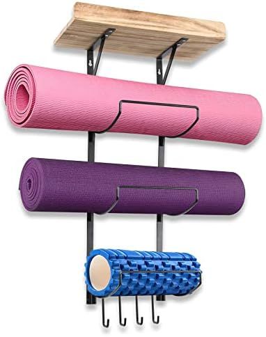 Wall Mount Yoga Mat Holder & Foam Roller Rack with Hooks and Shelf for Yoga Mat, Foam Roller Stor... | Amazon (US)