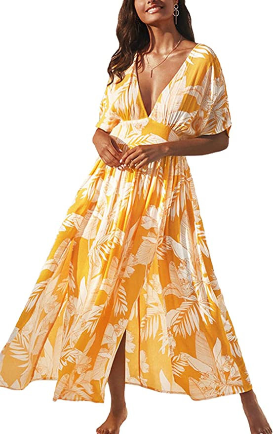 CUPSHE Dress for Women Summer Midi Dress V Neck Button Elastic Waist Cut Out Back 3/4 Sleeves Flo... | Amazon (US)