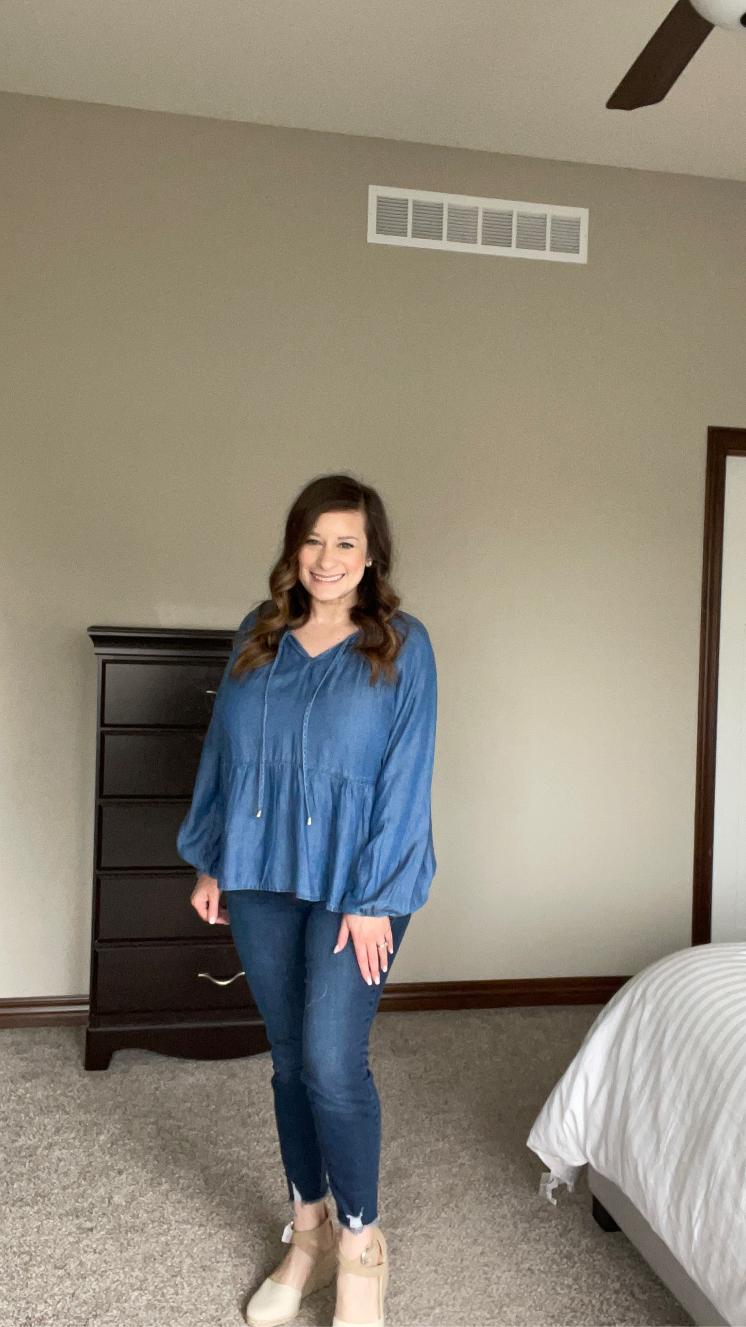 Chambray / denim / Affordable outfit/ Walmart fashion / midsize / petite / full bust / spring / metallic sandals / spring sandals / espadrille sandals 

#LTKcurves #LTKunder50