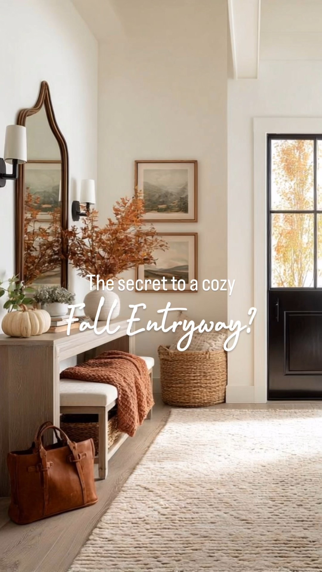 An entryway that whispers fall instead of shouting it. Warm woods, woven baskets, earthy artwork, and just a touch of autumn with a white pumpkin and rust-toned throw. The perfect mix of seasonal and timeless so your space feels cozy without being overdone.

#LTKHome #LTKSeasonal