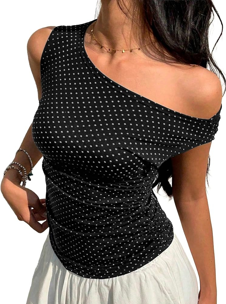 EMMIOL Off Shoulder Tops for Women Cute Sleeveless Polka Dot Shirts Ruched Sexy Going Out Tank To... | Amazon (US)
