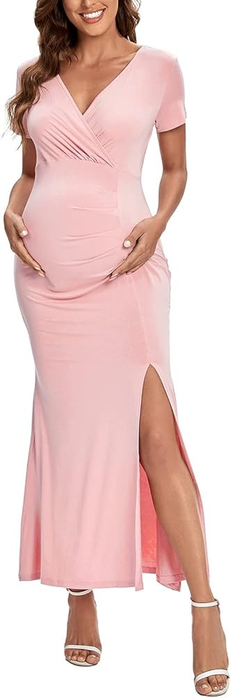 CareGabi Maternity Dress V Neck Short Sleeve Gowns Side Slits Elegant Pregnancy Dresses for Photo... | Amazon (US)