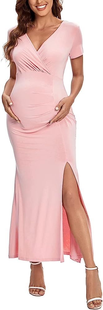 CareGabi Maternity Dress V Neck Short Sleeve Gowns Side Slits Elegant Pregnancy Dresses for Photo... | Amazon (US)