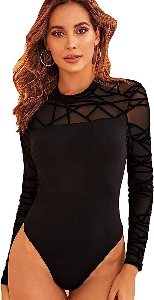 Romwe Women's Casual Geo Print Mesh Long Sleeve Stretchy Sexy Party Bodysuit | Amazon (US)
