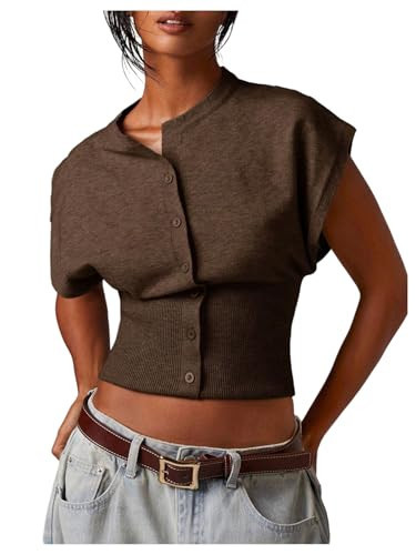 SHENHE Women's Cap Sleeve Sweater Vest Button Up Dressy Sleeveless Knit Crop Top Sweater Brown Medium | Amazon (US)