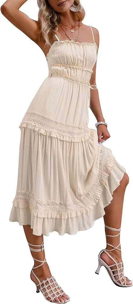 Amegoya Women's Summer Boho Spaghetti Strap Casual Long Dress Flowy Beach Swing Party Maxi Dress | Amazon (US)