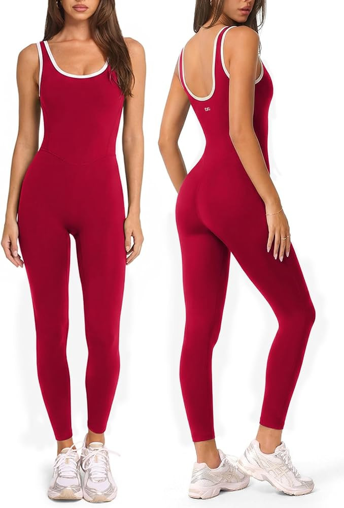 One Piece Workout Jumpsuits for Women - Yoga Full Length Romper with Square Neck and Contrast for Gym | Amazon (US)