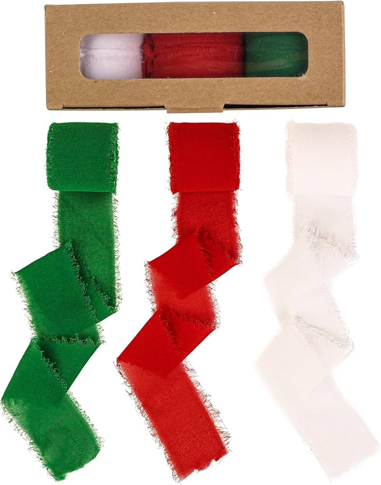 3 Rolls Christmas Chiffon Ribbon 1.5" X 7yd, Handmade Fringe Chiffon Silk Ribbon Red Green White ... | Amazon (US)
