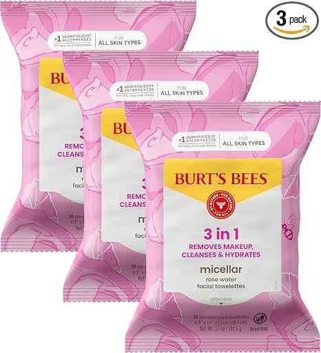 Burts Bees Micellar Rose Water Facial Towelettes, 100% Plant Based Cloth; 99% Natural Origin; Rem... | Amazon (US)
