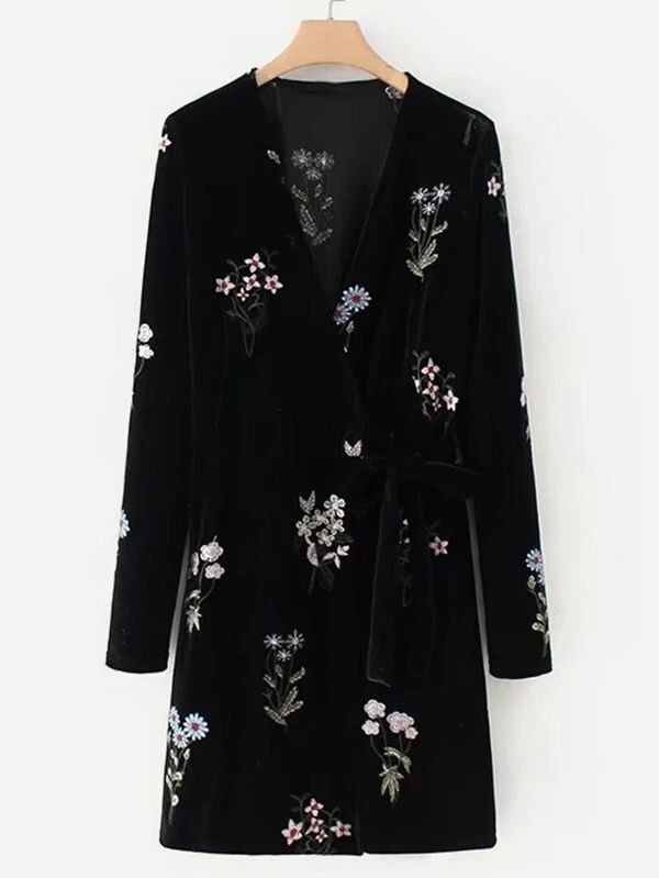 Embroidered Flower Self Tie Velvet Dress | SHEIN