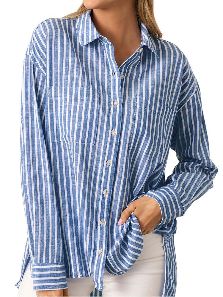Striped Button Down Shirts for Women Business Casual Collared Tops Loose fit Long Sleeve Office W... | Amazon (US)