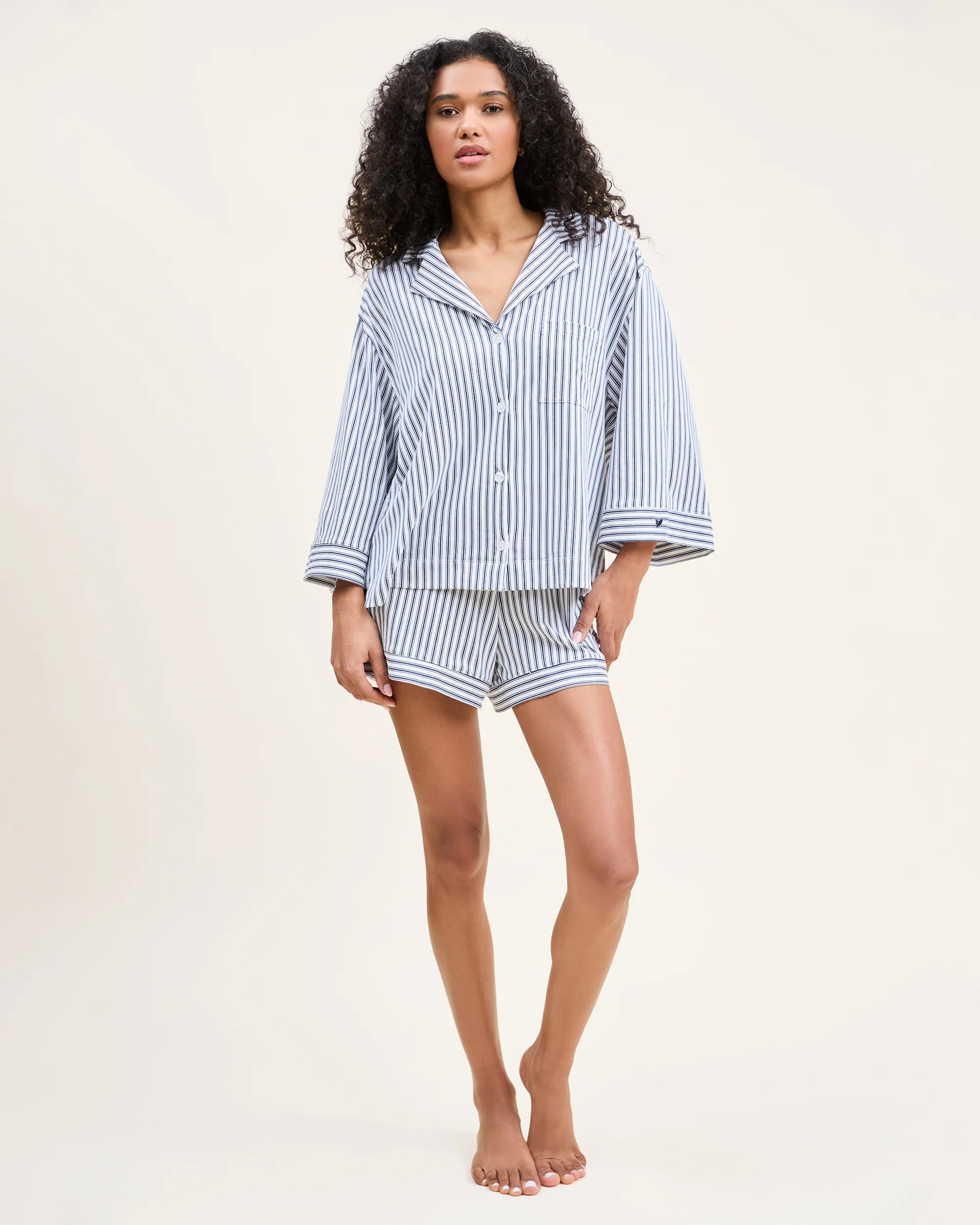 The Olivia Pima Short Set in Navy French Ticking | Petite Plume