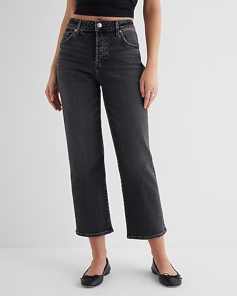 High Waisted Washed Black Relaxed Straight Ankle Jeans | Express
